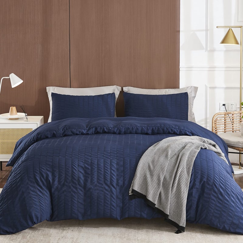 AveLom Navy Blue Duvet Cover King (104 x 90 inches), 3 Pieces (1 Duvet Cover + 2 Pillow Cases), Seersucker Textured Ultra Soft Washed Microfiber, Textured Duvet Cover with Zipper Closure, Corner Ties - Image 1
